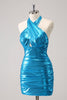 Load image into Gallery viewer, Metallic Tight Halter Backless Satin Blue Graduation Dress