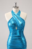Metallic Tight Halter Backless Satin Blue Graduation Dress