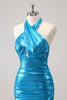 Load image into Gallery viewer, Metallic Tight Halter Backless Satin Blue Graduation Dress