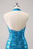 Load image into Gallery viewer, Metallic Tight Halter Backless Satin Blue Graduation Dress