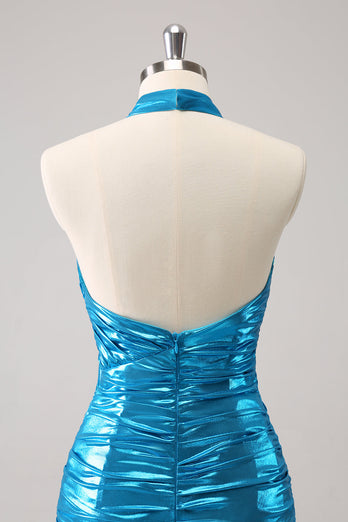 Metallic Tight Halter Backless Satin Blue Graduation Dress