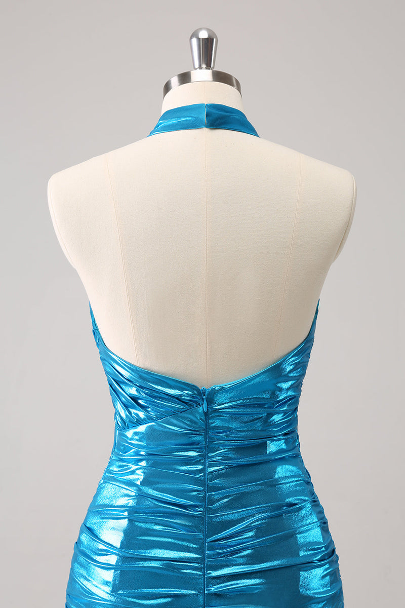 Load image into Gallery viewer, Metallic Tight Halter Backless Satin Blue Graduation Dress