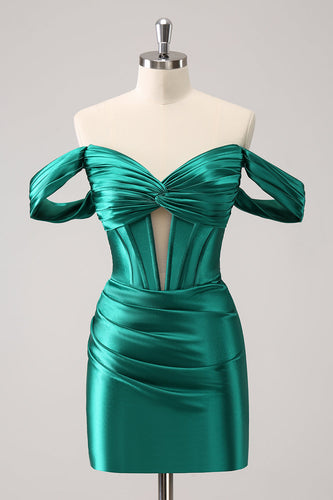 Dark Green Tight Off the Shoulder Corset Satin Graduation Dress