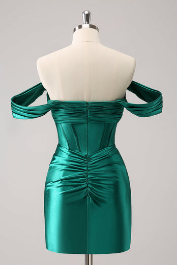 Dark Green Tight Off the Shoulder Corset Satin Graduation Dress