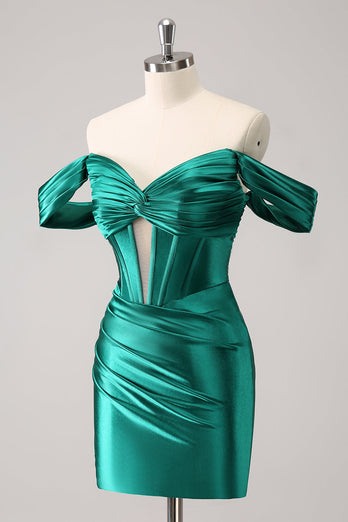 Dark Green Tight Off the Shoulder Corset Satin Graduation Dress