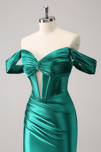 Dark Green Tight Off the Shoulder Corset Satin Graduation Dress