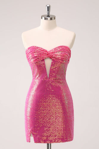 Fuchsia Hollow Out Strapless Sequins Tight Graduation Dress with Slit