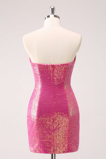 Fuchsia Hollow Out Strapless Sequins Tight Graduation Dress with Slit