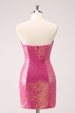 Fuchsia Hollow Out Strapless Sequins Tight Graduation Dress with Slit