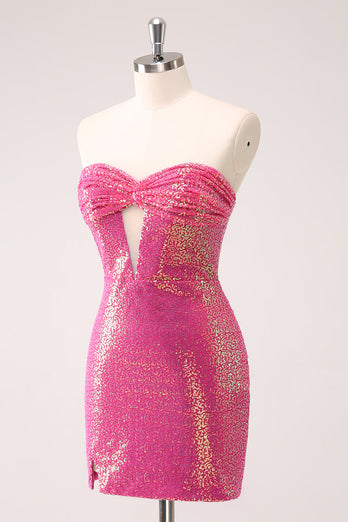 Fuchsia Hollow Out Strapless Sequins Tight Graduation Dress with Slit