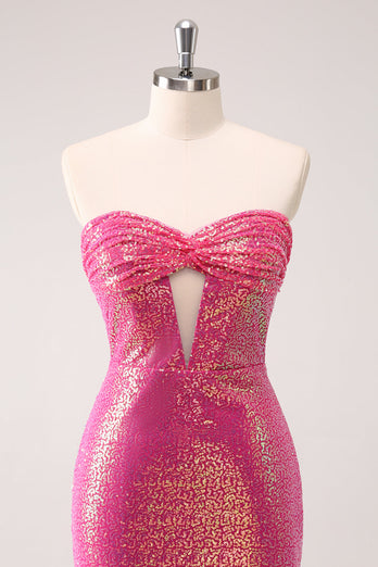 Fuchsia Hollow Out Strapless Sequins Tight Graduation Dress with Slit