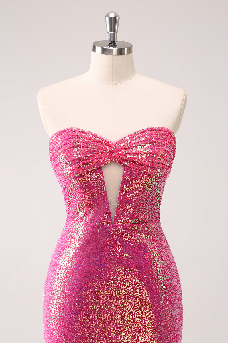 Load image into Gallery viewer, Fuchsia Hollow Out Strapless Sequins Tight Graduation Dress with Slit