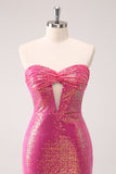 Fuchsia Hollow Out Strapless Sequins Tight Graduation Dress with Slit