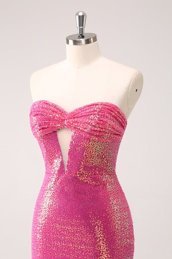 Fuchsia Hollow Out Strapless Sequins Tight Graduation Dress with Slit