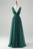 Load image into Gallery viewer, Dark Green A Line V Neck Pleated Chiffon Long Bridesmaid Dress with Lace-up Back