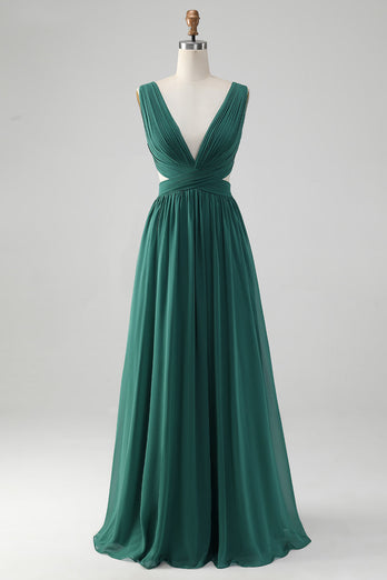 Dark Green A Line V Neck Pleated Chiffon Long Bridesmaid Dress with Lace-up Back