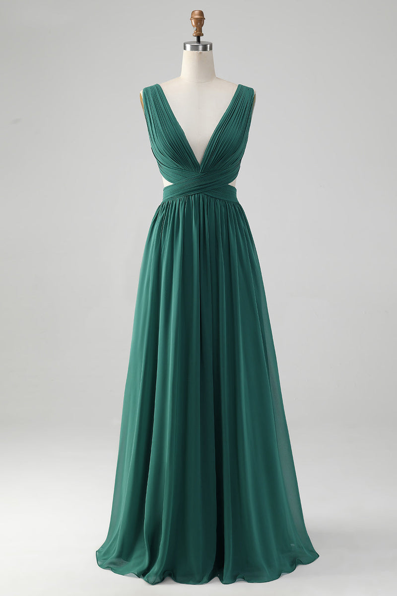 Load image into Gallery viewer, Dark Green A Line V Neck Pleated Chiffon Long Bridesmaid Dress with Lace-up Back