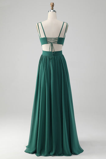 Dark Green A Line V Neck Pleated Chiffon Long Bridesmaid Dress with Lace-up Back