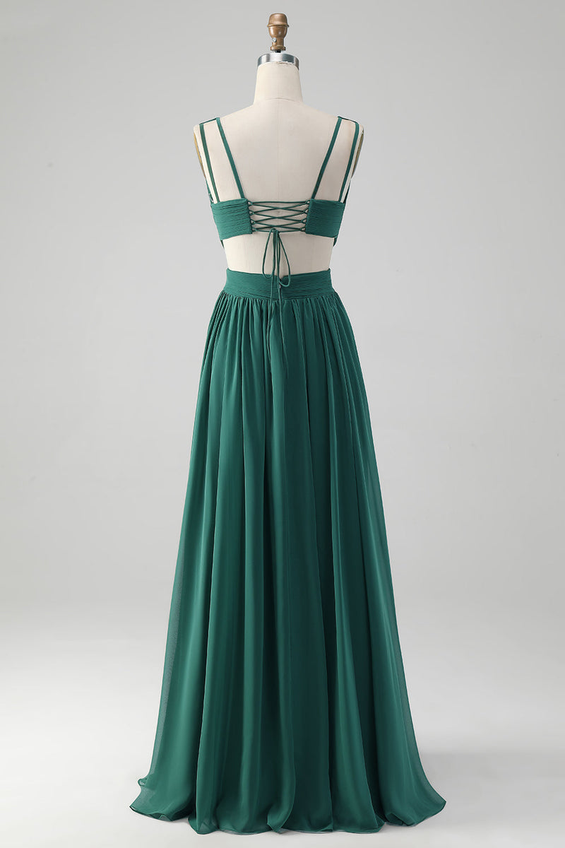 Load image into Gallery viewer, Dark Green A Line V Neck Chiffon Long Bridesmaid Dress with Lace Up Back