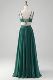 Dark Green A Line V Neck Chiffon Long Bridesmaid Dress with Lace Up Back