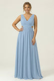 Dusty Blue Chiffon V Neck A Line Long Plus Size Bridesmaid Dress with Lace Up Back