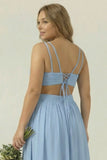 Dusty Blue Chiffon V Neck A Line Long Plus Size Bridesmaid Dress with Lace Up Back