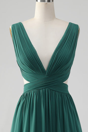 Dark Green A Line V Neck Chiffon Long Bridesmaid Dress with Lace Up Back