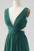 Load image into Gallery viewer, Dark Green A Line V Neck Chiffon Long Bridesmaid Dress with Lace Up Back