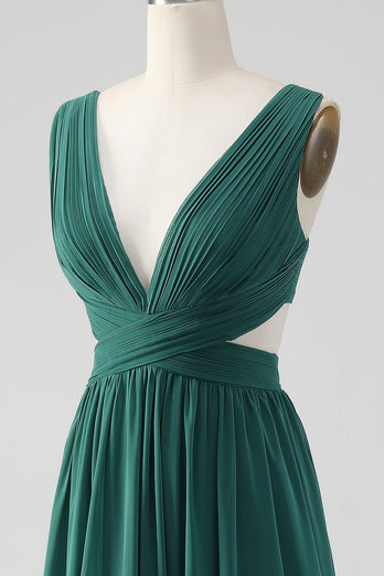 Dark Green A Line V Neck Chiffon Long Bridesmaid Dress with Lace Up Back