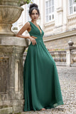 Dark Green A Line V Neck Pleated Chiffon Long Bridesmaid Dress with Lace-up Back