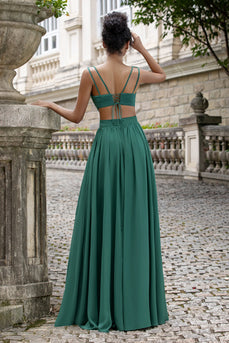 Dark Green A Line V Neck Pleated Chiffon Long Bridesmaid Dress with Lace-up Back