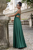 Dark Green A Line V Neck Pleated Chiffon Long Bridesmaid Dress with Lace-up Back