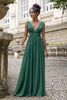 Load image into Gallery viewer, Dark Green A Line V Neck Pleated Chiffon Long Bridesmaid Dress with Lace-up Back