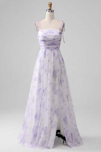 Lavender Flower A Line Spaghetti Straps Long Bridesmaid Dress with Slit