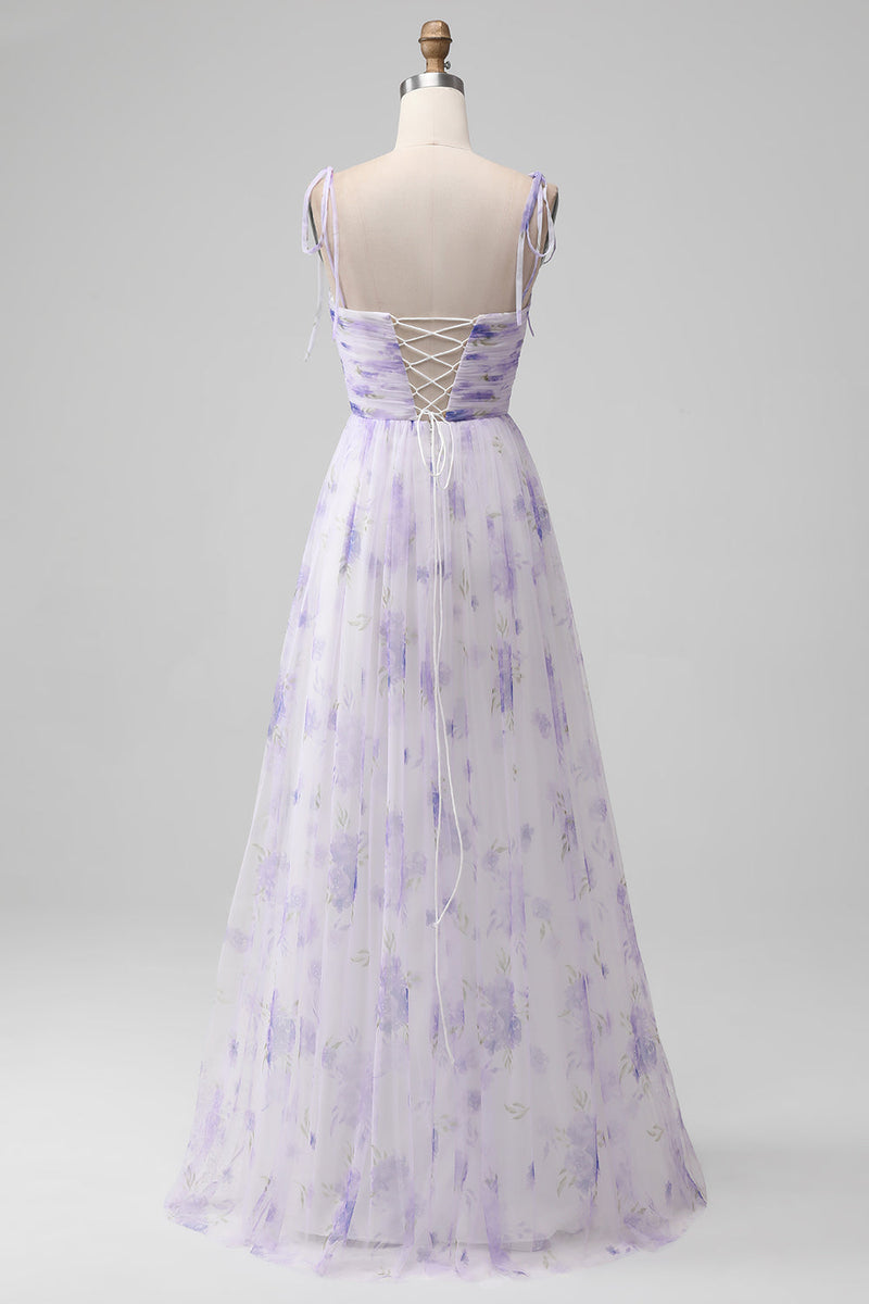 Load image into Gallery viewer, Lavender Flower Spaghetti Straps A Line Long Bridesmaid Dress with Slit