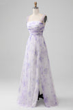 Lavender Flower Spaghetti Straps A Line Long Bridesmaid Dress with Slit