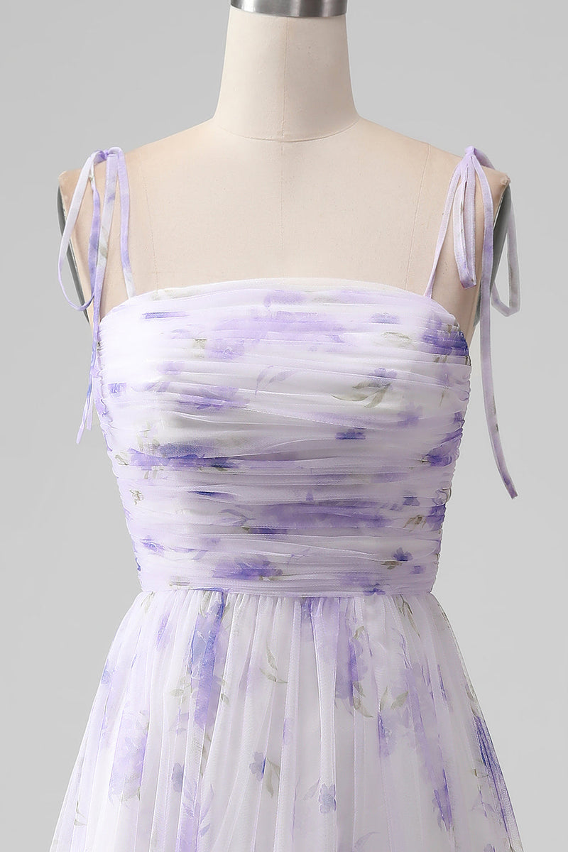 Load image into Gallery viewer, Lavender Flower Spaghetti Straps A Line Long Bridesmaid Dress with Slit