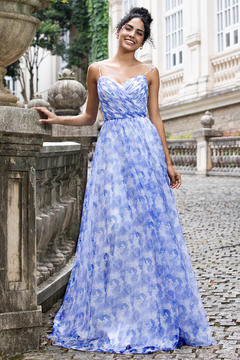 Load image into Gallery viewer, Blue Print A Line Spaghetti Straps Pleated Long Bridesmaid Dress with Lace-up Back