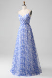 Blue Print A Line Spaghetti Straps Long Bridesmaid Dress