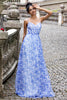 Load image into Gallery viewer, Blue Print A Line Spaghetti Straps Pleated Long Bridesmaid Dress with Lace-up Back