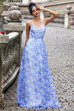 Blue Print A Line Spaghetti Straps Pleated Long Bridesmaid Dress with Lace-up Back