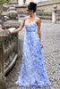 Load image into Gallery viewer, Blue Print A Line Spaghetti Straps Pleated Long Bridesmaid Dress with Lace-up Back