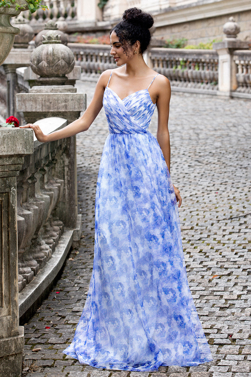 Load image into Gallery viewer, Blue Print A Line Spaghetti Straps Pleated Long Bridesmaid Dress with Lace-up Back