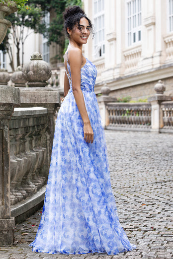 Blue Print A Line Spaghetti Straps Pleated Long Bridesmaid Dress with Lace-up Back