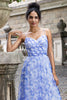 Load image into Gallery viewer, Blue Print A Line Spaghetti Straps Pleated Long Bridesmaid Dress with Lace-up Back