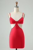 Red Tight Spaghetti Straps Hollow Out Short Graduation Dress