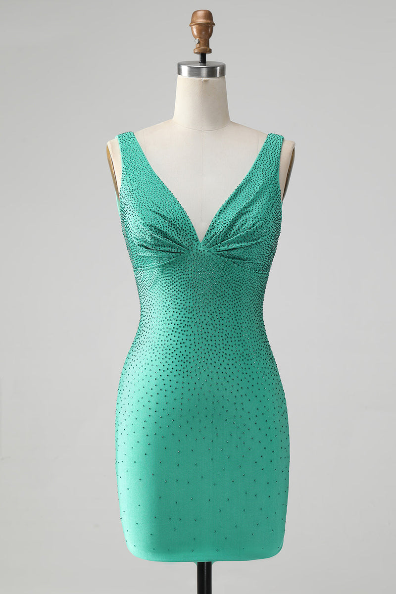 Load image into Gallery viewer, Green Bodycon V Neck Backless Short Graduation Dress with Beading