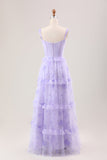 Lavender A Line Corset Spaghetti Straps Floral Tiered Wedding Party Dress