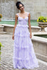 Load image into Gallery viewer, Lavender A Line Corset Spaghetti Straps Floral Tiered Long Bridesmaid Dress