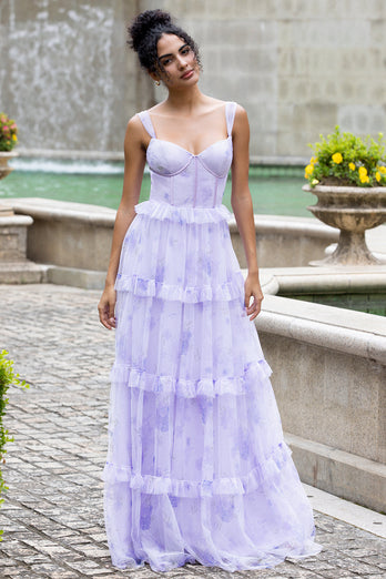 Lavender A Line Corset Spaghetti Straps Floral Tiered Long Bridesmaid Dress